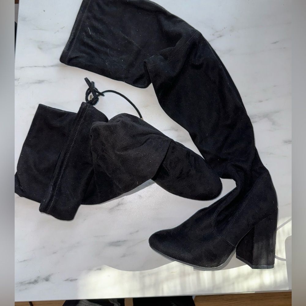 Lookalike Over The Knee Black Suede Leather Heeled Boots size 5.5 EUC - Picture 5 of 6